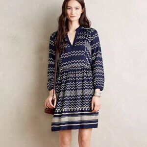 Holding Horses Anthropologie Navy Ric Rac Mini Long Sleeve Zig Zag Dress Medium